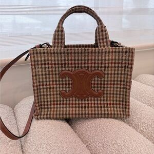Celine Checkered Tote with Brown leather Details